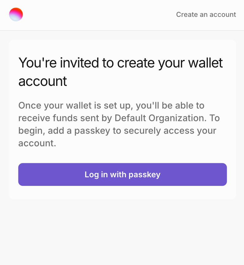Invitation to create an embedded wallet with passkey